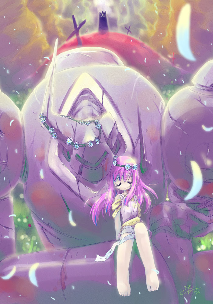 1girl, bandages, barefoot, blue_flower, bolton_(casshern_sins), casshern_(series), casshern_sins, closed_eyes