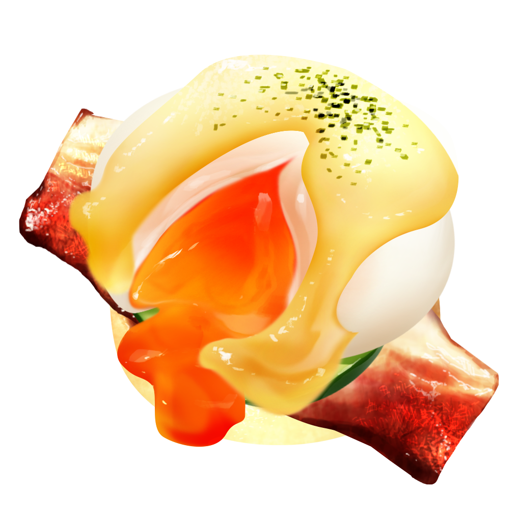 bacon, commentary, egg_yolk, eggs_benedict, food, food_focus, meat, no_humans
