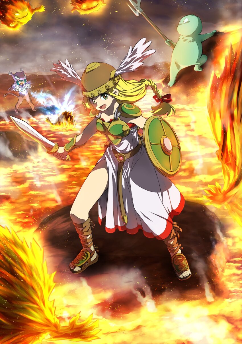 2girls, armor, blonde_hair, cape, dress, gladiator_sandals, grass, green_armor