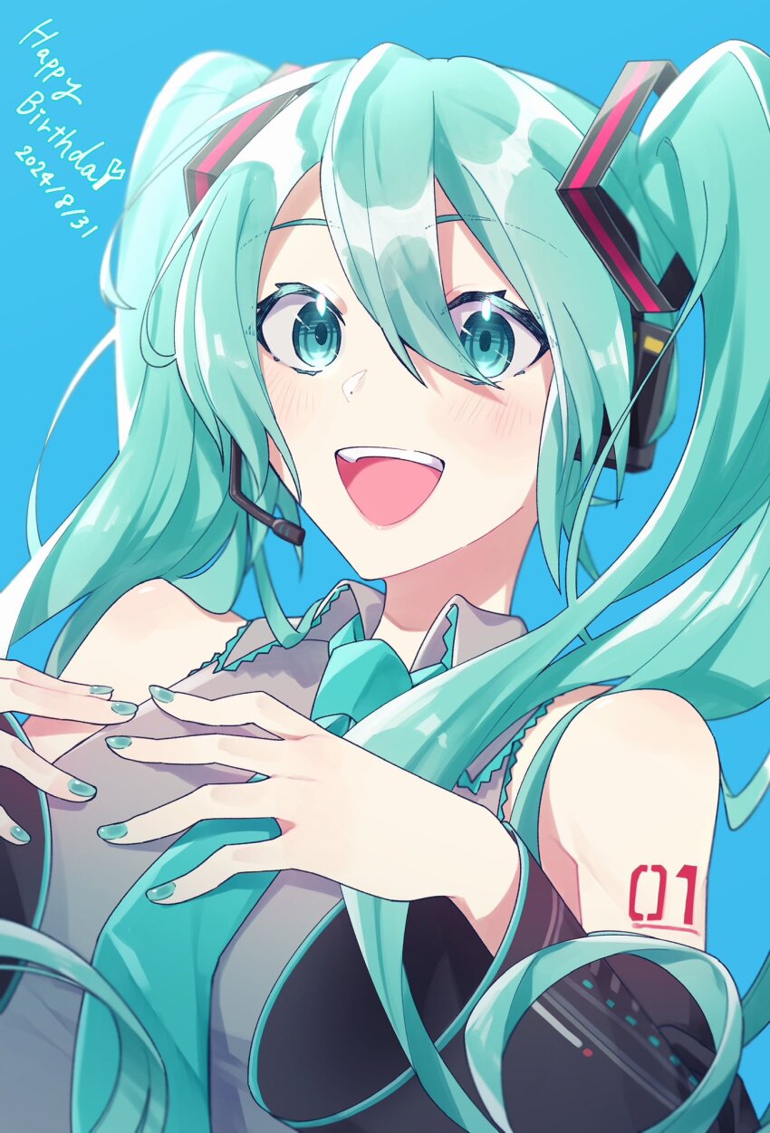 1girl, :d, aqua_eyes, aqua_hair, aqua_nails, aqua_necktie, black_sleeves, blue_background