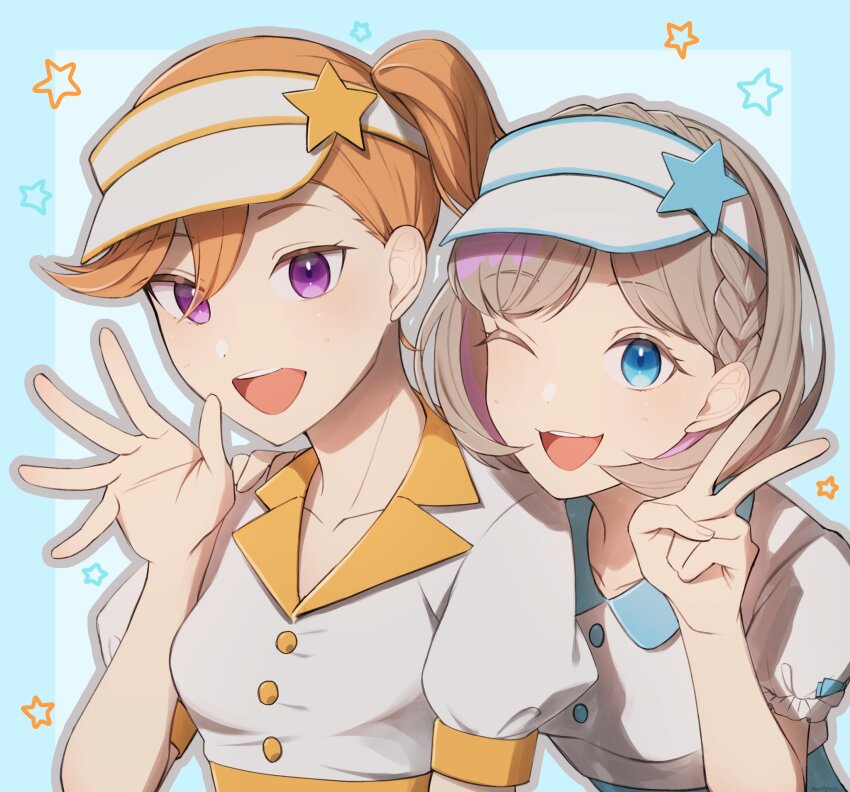2girls, :3, :d, ;d, blue_background, blue_eyes, collared_dress, dress, highres, light_brown_hair, looking_at_viewer, love_live!, love_live!_superstar!!, multiple_girls, one_eye_closed, open_hand, open_mouth, orange_hair, parted_bangs, poco_n, puffy_short_sleeves, puffy_sleeves, purple_eyes, shibuya_kanon, short_hair, short_sleeves, side_ponytail, smile, star_(symbol), star_symbol_background, tang_keke, v, visor_cap, white_dress, white_visor