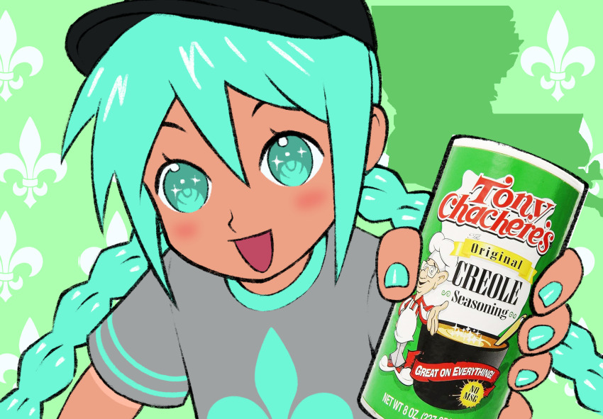 alternate_skin_color, aqua_eyes, aqua_hair, braid, darkened_skin, dreamscreep, fleur-de-lis, hat