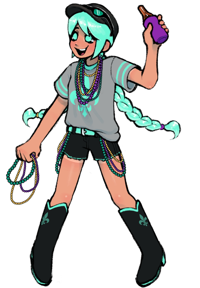 alcohol, alternate_skin_color, aqua_eyes, aqua_hair, beads, beer, beer_bottle, boots