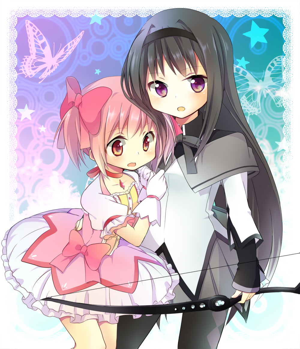 10s, 2girls, :o, akemi_homura, akemi_homura_(magical_girl), bad_id, bad_pixiv_id, black_hair