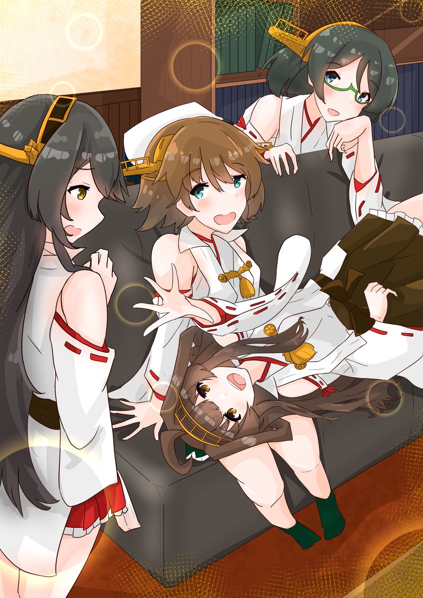 4girls, ahoge, black_hair, blue_eyes, brown_eyes, brown_hair, brown_skirt, coic_hakushaku, detached_sleeves, flipped_hair, glasses, green-framed_eyewear, hairband, haruna_(kancolle), haruna_kai_ni_(kancolle), headgear, hiei_(kancolle), hiei_kai_ni_(kancolle), kantai_collection, kirishima_(kancolle), kongou_(kancolle), kongou_kai_ni_(kancolle), lap_pillow, lens_flare, multiple_girls, nontraditional_miko, pleated_skirt, popped_collar, red_skirt, ribbon-trimmed_sleeves, ribbon_trim, shirt, short_hair, skirt, sleeveless, sleeveless_shirt