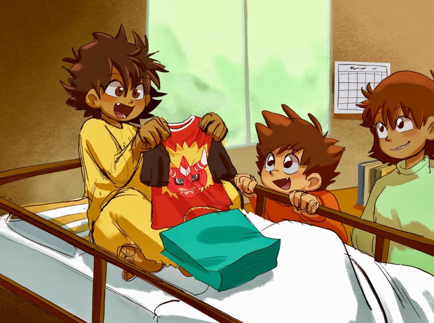2boys, agnimon, blonde_hair, brothers, brown_hair, digimon, fang, happy
