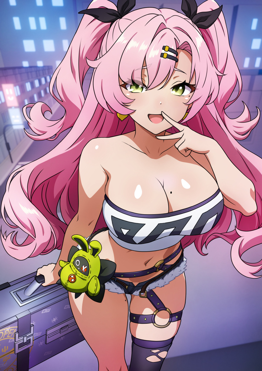 1girl, absurdres, bangboo_(zenless_zone_zero), bare_shoulders, belt, black_ribbon, black_shorts, black_thighhighs