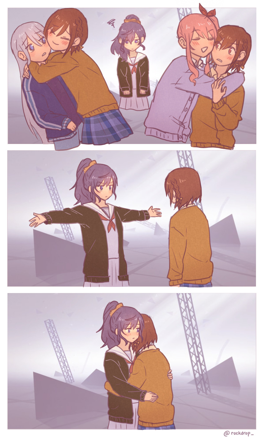 1other, 25-ji_nightcord_de._(project_sekai), 3girls, absurdres, akiyama_mizuki, asahina_mafuyu, blazer, blue_eyes, blue_skirt, blush, bow, braid, brown_eyes, brown_hair, closed_mouth, collared_shirt, hair_ornament, hair_scrunchie, highres, hug, jacket, kamiyama_high_school_uniform_(project_sekai), long_hair, long_sleeves, looking_at_another, miyamasuzaka_girls'_academy_school_uniform, multiple_girls, neckerchief, open_mouth, pink_hair, ponytail, project_sekai, purple_eyes, purple_hair, red_neckerchief, ribbon, rockdrop, school_uniform, scrunchie, shinonome_ena, shirt, short_hair, skirt, spiral, very_long_hair, yoisaki_kanade, yuri