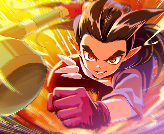 1boy, antenna_hair, blurry, bone_necklace, brown_hair, clenched_hand, commentary_request, depth_of_field