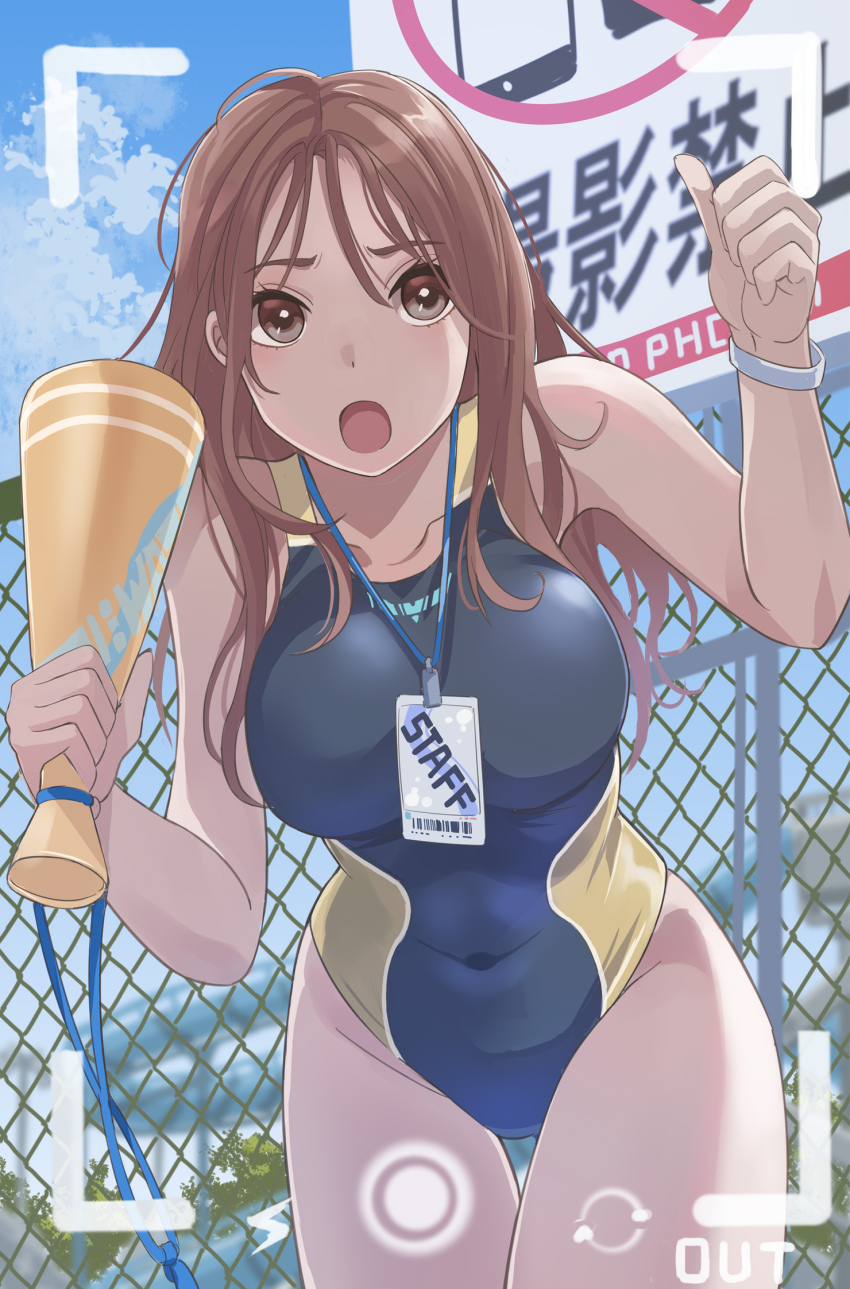 1girl, black_one-piece_swimsuit, blue_reflection_(series), blue_reflection_tie, brown_eyes, brown_hair, chain-link_fence, commission, competition_swimsuit, fake_screenshot, fence, highres, id_card, long_hair, megaphone, miyauchi_rena, nikulas_cage, one-piece_swimsuit, open_mouth, pixiv_commission, recording, sign, solo, swimsuit, thigh_gap, two-tone_swimsuit, viewfinder