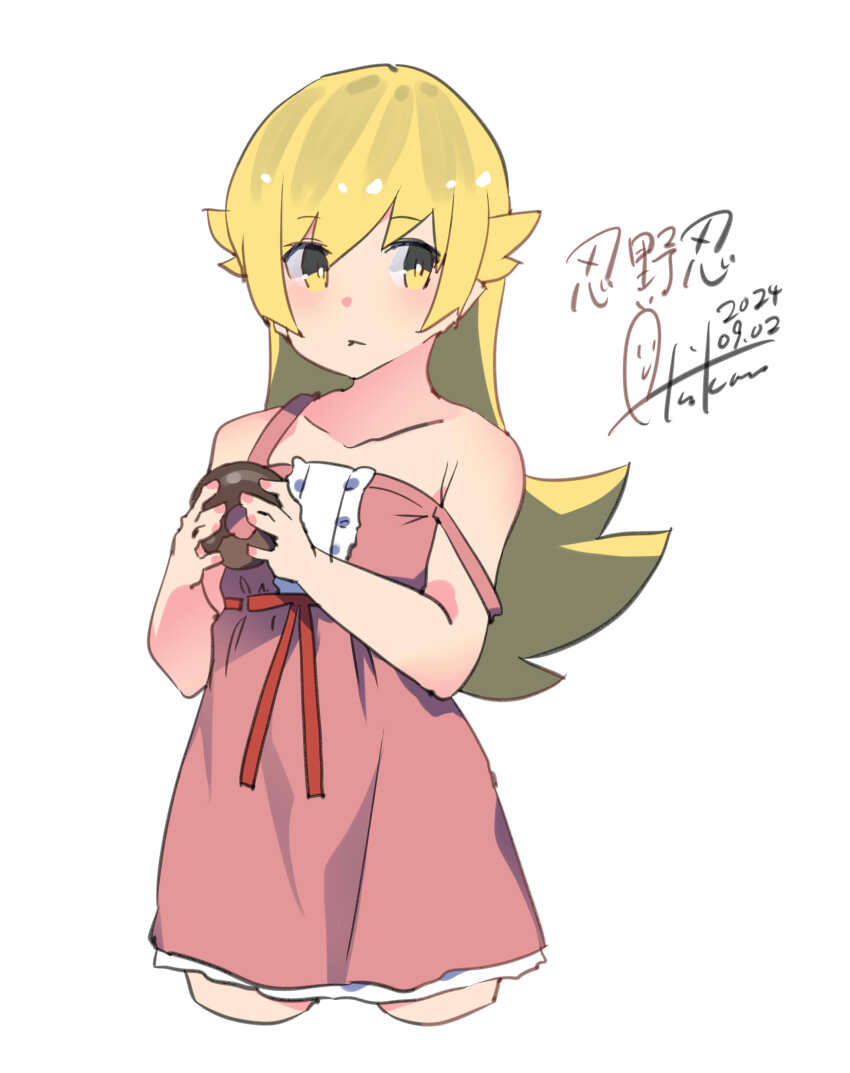 1girl, absurdres, blonde_hair, blush, character_name, closed_mouth, dated, donut, dress, food, highres, holding, holding_food, inica, long_hair, monogatari_(series), off_shoulder, oshino_shinobu, red_dress, signature, sleeveless, sleeveless_dress, solo, white_background, yellow_eyes