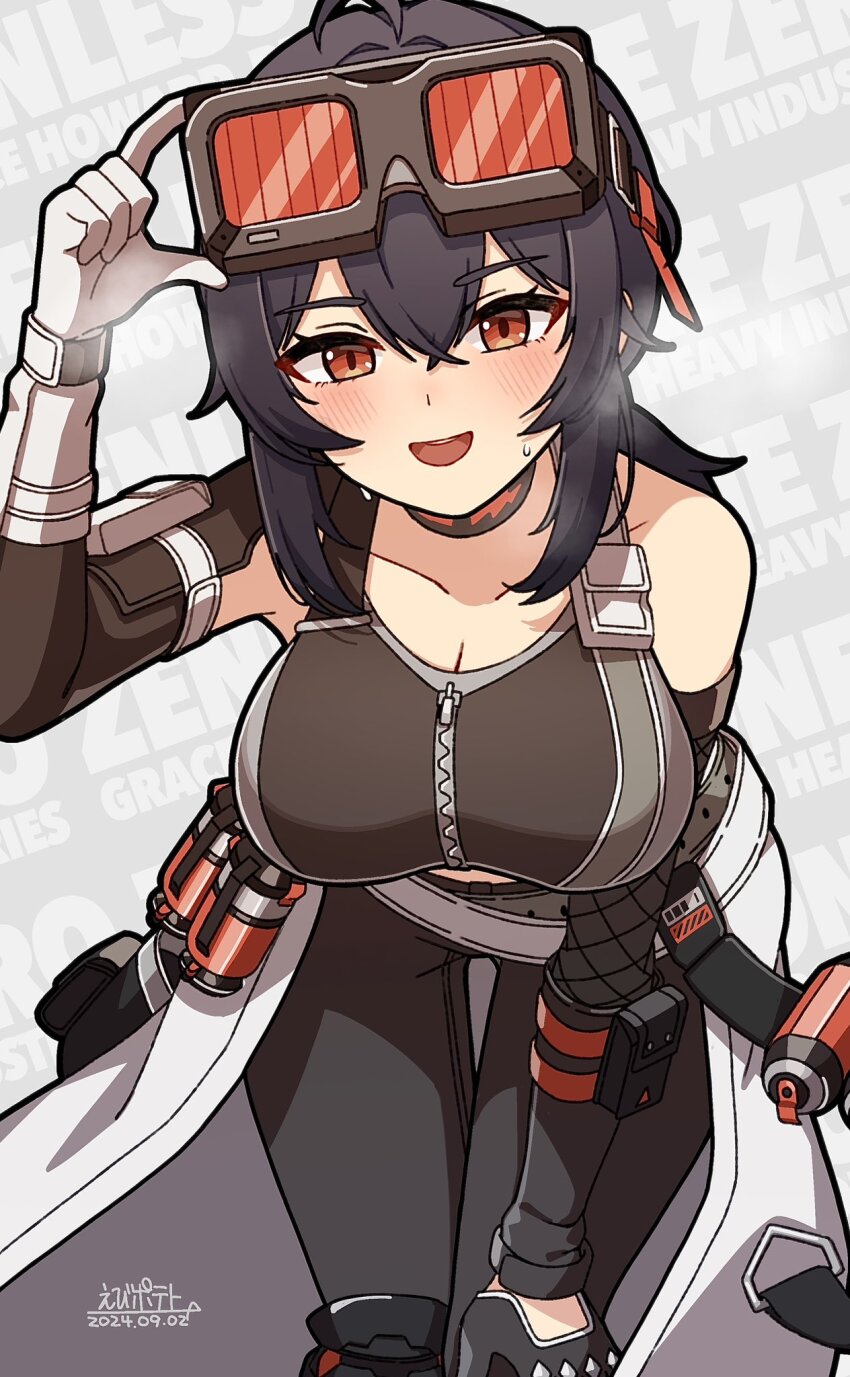 1girl, asymmetrical_gloves, bent_over, black_gloves, black_hair, blush, breasts, brown_eyes