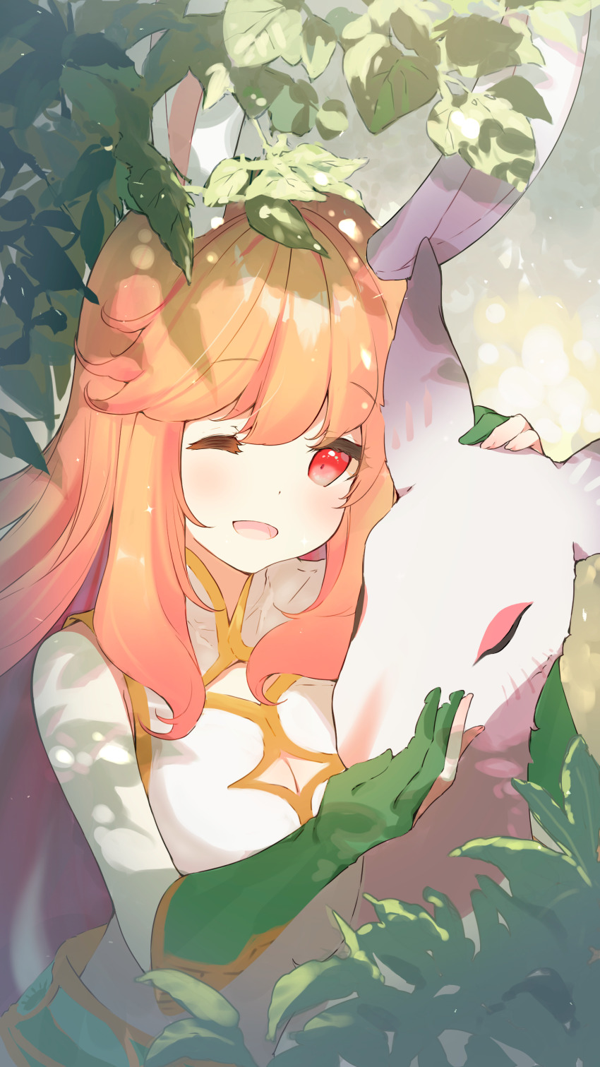 1girl, ;d, absurdres, afk_(series), afk_journey, animal, animal_ears, bare_shoulders