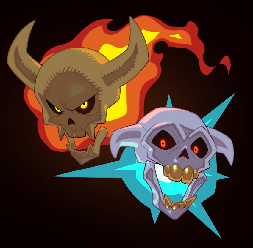 2others, absurdres, black_background, black_sclera, colored_sclera, combos_&amp;_doodles, doom_(series), fire, flaming_skull, gold_teeth, highres, horns, legacy_of_rust, lost_soul_(doom), multiple_others, no_humans, red_eyes, simple_background, skull, yellow_eyes