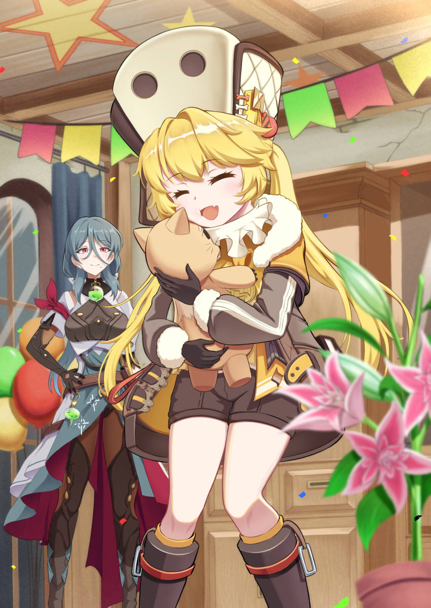 2girls, absurdres, arm_ribbon, balloon, belt, birthday, black_footwear, black_gloves