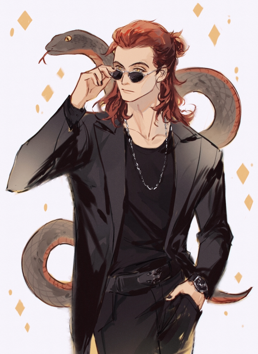 1boy, absurdres, black_shirt, black_suit, crowley_(good_omens), demon_boy, formal_clothes, glasses, good_omens, hair_bun, highres, male_focus, medium_hair, red_hair, shirt, single_hair_bun, slit_pupils, snake, solo, suit, yellow_eyes, yutou_jun