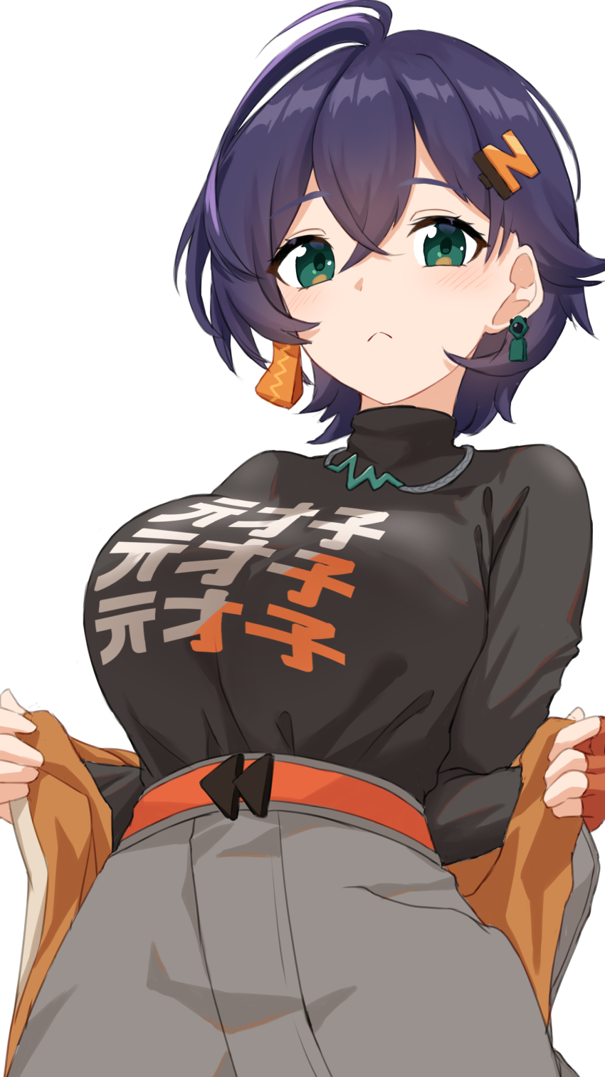 1girl, :<, absurdres, ahoge, belle_(zenless_zone_zero), belt, black_shirt, blue_hair, blush, breasts, crossed_bangs, earrings, fingerless_gloves, gloves, green_eyes, hair_between_eyes, hair_ornament, hairband, highres, jacket, jewelry, large_breasts, letter_hair_ornament, long_sleeves, looking_at_viewer, metal_hairband, necklace, nushiya_(ayihsem), open_clothes, open_jacket, orange_belt, orange_gloves, shirt, short_hair, single_earring, single_fingerless_glove, sleeveless, sleeveless_jacket, white_background, zenless_zone_zero