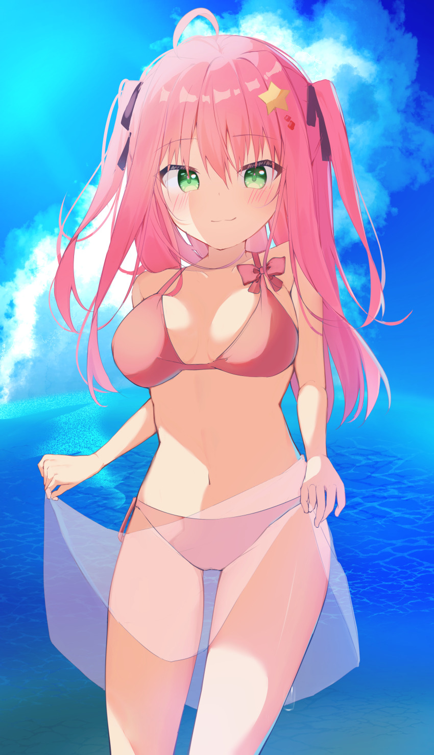 1girl, :3, absurdres, ahoge, bare_arms, bare_shoulders, bikini, black_ribbon