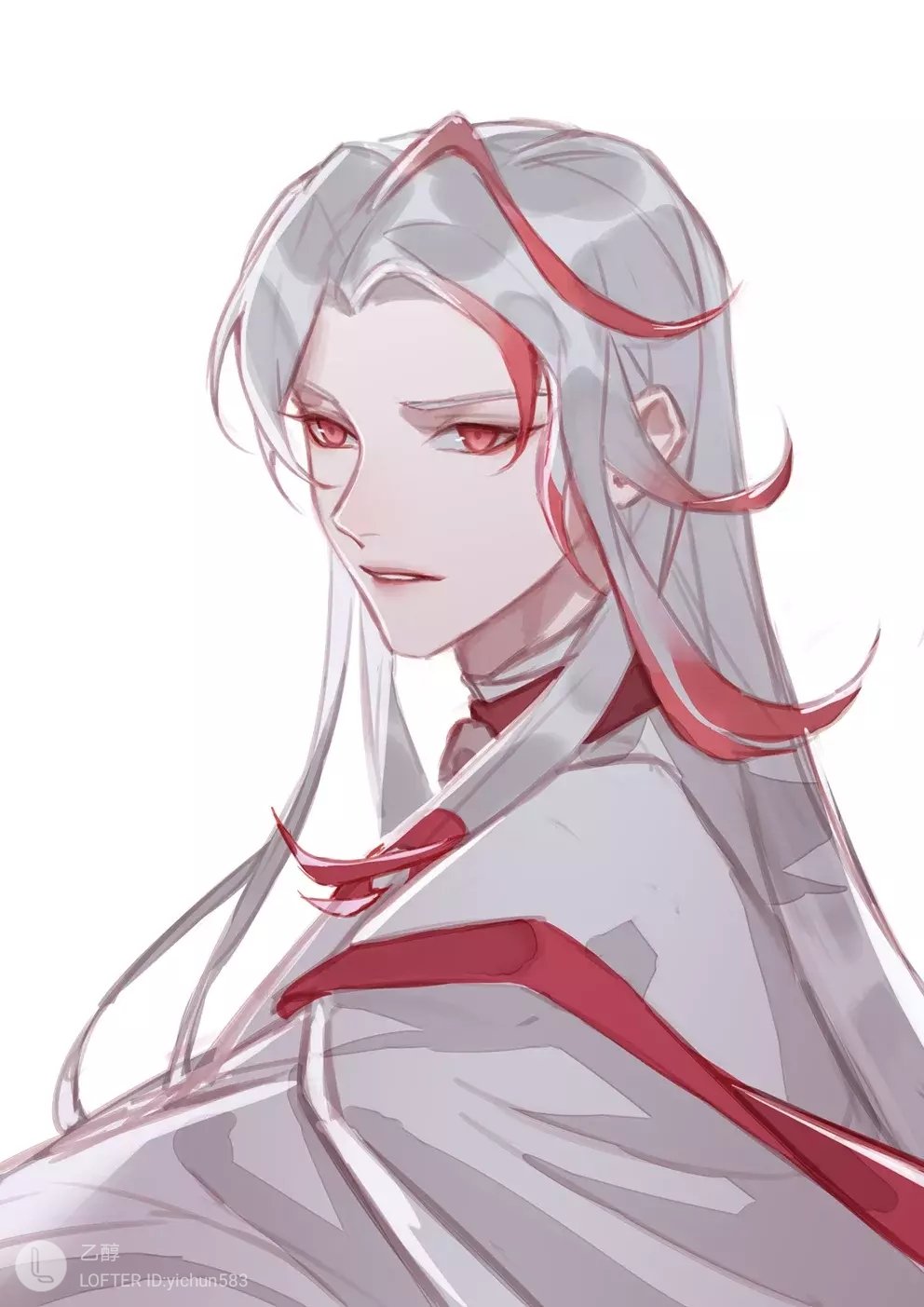 1boy, bandaged_neck, bandages, chinese_clothes, choker, curtained_hair, from_side, hanfu