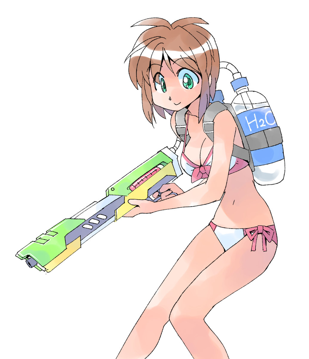 1girl, bikini, bottle, breasts, brown_hair, collarbone, front-tie_top, green_eyes