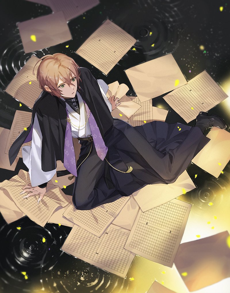 1boy, arm_support, black_capelet, black_footwear, black_hakama, black_shirt, brown_hair, capelet, crossed_bangs, falling_petals, from_above, full_body, genkou_youshi, glowing, green_eyes, hair_between_eyes, hakama, hakama_pants, hatorihatelier, hypnosis_mic, japanese_clothes, kimono, long_sleeves, looking_ahead, male_focus, on_liquid, pants, paper, parted_lips, petals, ripples, shirt, short_hair, sitting, sitting_on_liquid, solo, tassel, turtleneck, water, white_kimono, wide_sleeves, yokozuwari, yumeno_gentaro