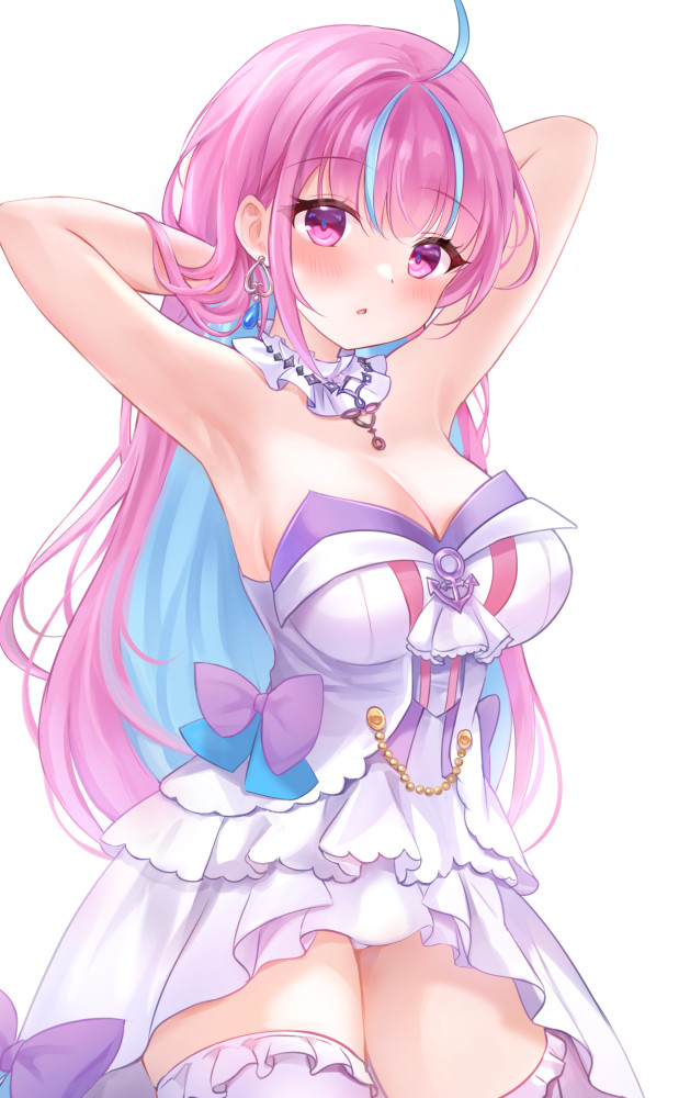 1girl, adjusting_hair, ahoge, anchor_ornament, anchor_symbol, aqua_hair, armpits, arms_up