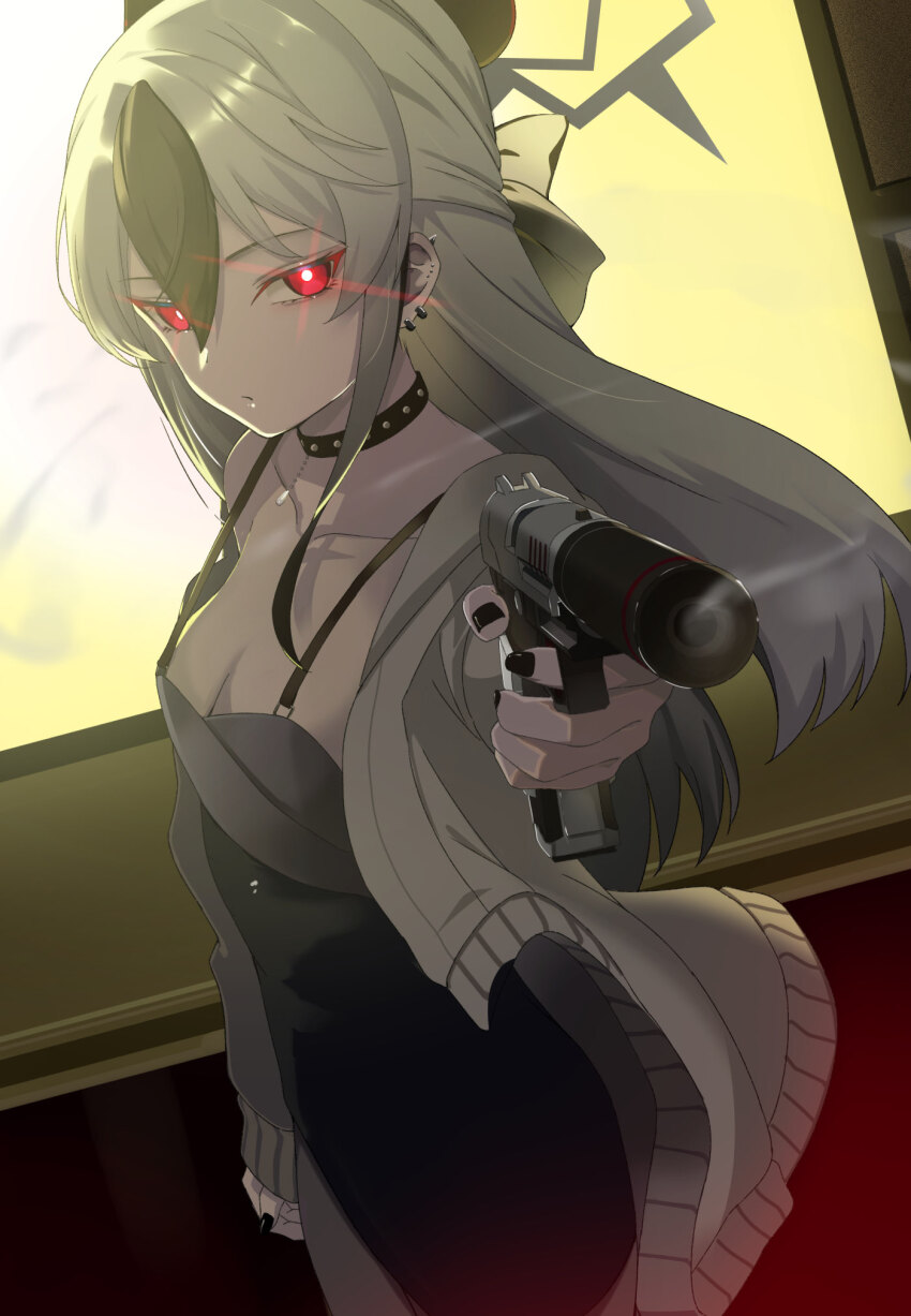 1girl, aiming, aiming_at_viewer, black_choker, black_dress, black_hair, black_horns, black_nails