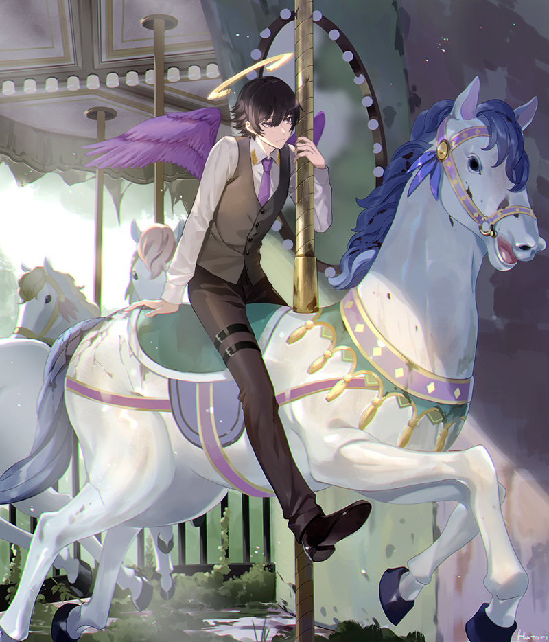 1boy, abandoned, angel, angel_wings, black_hair, black_pants, black_shoes, black_vest, broken_halo, carousel, closed_mouth, collared_shirt, day, expressionless, feathered_wings, flipped_hair, full_body, grass, hair_between_eyes, halo, hatorihatelier, holding, holding_pole, horseback_riding, long_sleeves, looking_ahead, male_focus, moss, necktie, original, pants, pole, purple_eyes, purple_necktie, purple_wings, riding, shirt, shoe_soles, shoes, short_hair, sitting, solo, thigh_strap, vest, wings