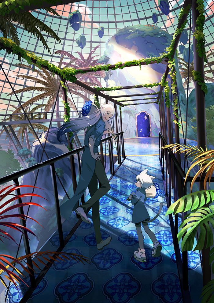 2boys, :d, age_difference, animal_ears, black_pants, black_shorts, blue_coat, blue_eyes