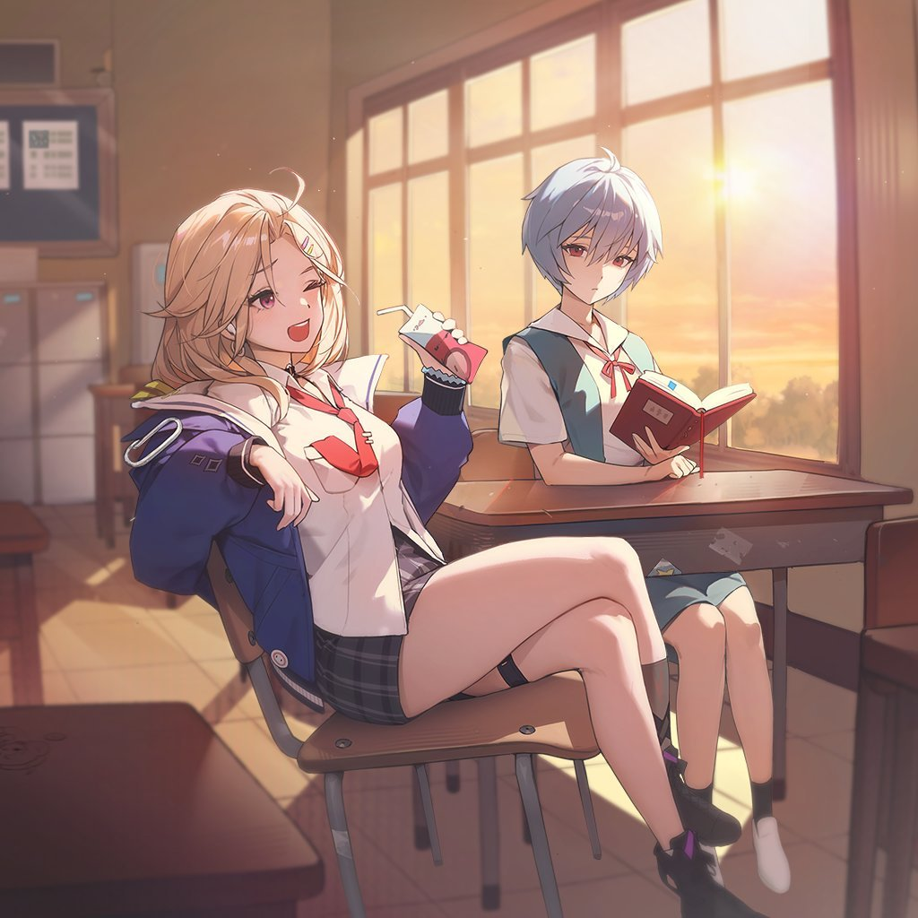 2girls, artist_request, ayanami_rei, bare_legs, blue_eyes, book, brown_hair, can, chair, classroom, closed_mouth, collared_shirt, crossed_legs, crossover, day, earrings, ein_(nikke), evening, expressionless, game_cg, goddess_of_victory:_nikke, hair_between_eyes, hair_ornament, hairclip, holding, holding_book, hoop_earrings, indoors, jewelry, long_hair, long_sleeves, looking_at_another, multiple_girls, neck_ribbon, necktie, necktie_in_pocket, neon_genesis_evangelion, official_art, open_clothes, open_mouth, red_eyes, red_necktie, ribbon, school_chair, school_uniform, shirt, short_hair, sitting, skirt, sleeves_past_fingers, sleeves_past_wrists, smile, white_shirt, window