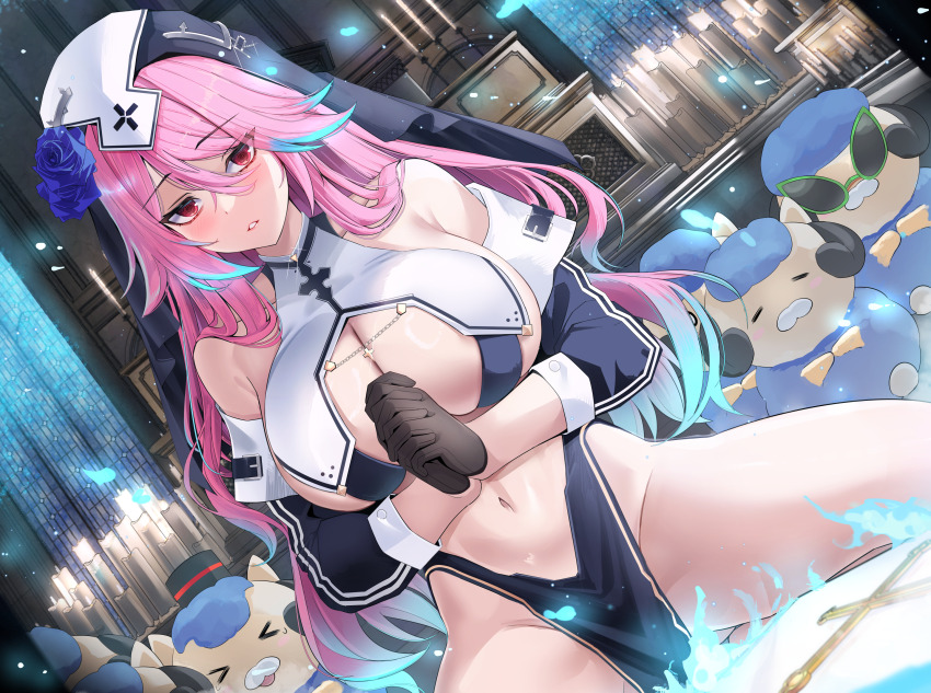 1girl, @_@, aqua_hair, bare_shoulders, between_breasts, black_gloves, black_sleeves, blue_fire, blue_flower, blue_rose, blush, book_burning, breasts, colored_tips, commentary, cross, fire, flower, giga-tera, gloves, habit, hair_over_shoulder, highres, huge_breasts, indie_virtual_youtuber, long_hair, looking_at_viewer, multicolored_hair, navel, nun, nun_headdress, own_hands_together, parted_lips, pelvic_curtain, pink_eyes, pink_hair, rose, rosetta_(vtuber), spread_legs, stomach, thighs, two-tone_hair, virtual_youtuber