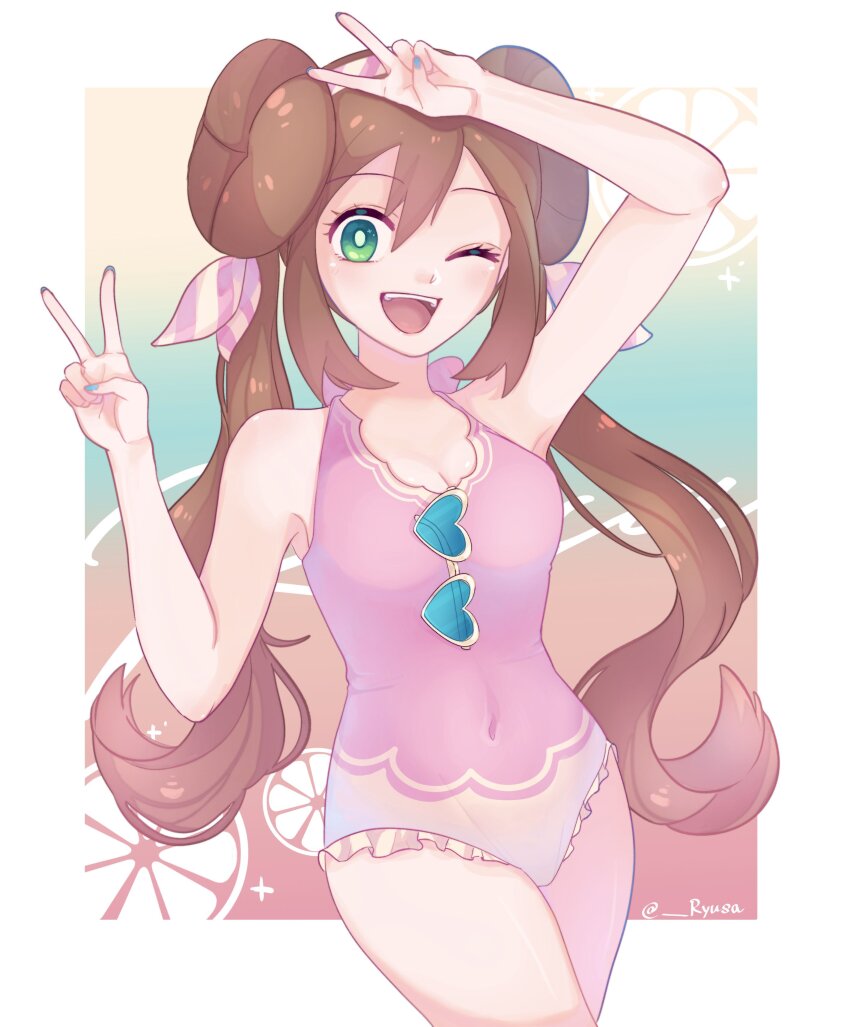 1girl, ;d, absurdres, alternate_costume, arm_up, breasts, bright_pupils, brown_hair