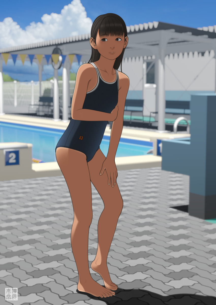 1girl, bare_shoulders, barefoot, blue_sky, blunt_bangs, blurry, breasts, brown_eyes