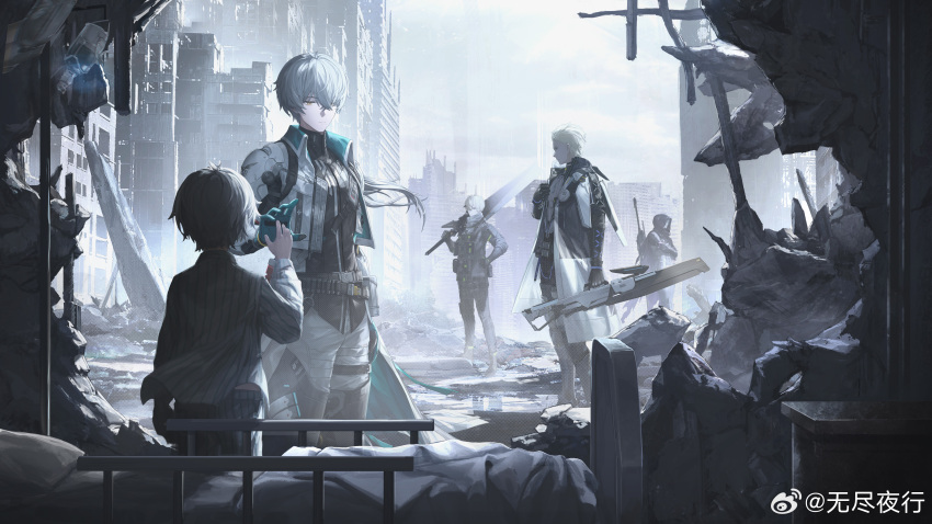 5boys, absurdres, bed, black_shirt, broken_wall, camu:_crocotta_(pgr), camu_(pgr), character_request