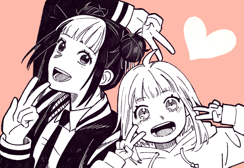 2girls, :d, ahoge, arm_up, babu_pepe, blunt_bangs, bomber_jacket, child