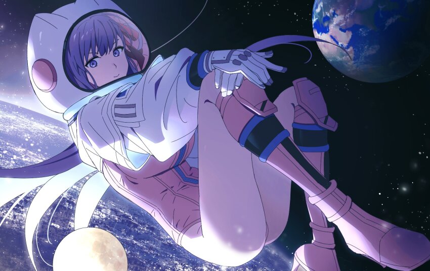 1girl, bb_(fate), bb_cosmo_(fate), bobi, boots, earth_(planet), fate/grand_order, fate_(series), gloves, hair_ribbon, helmet, highleg, highres, leotard, long_hair, moon, no_pants, pink_boots, pink_leotard, planet, purple_eyes, purple_hair, red_ribbon, ribbon, smile, solo, space, space_helmet, spacesuit, star_(sky), white_gloves, zipper