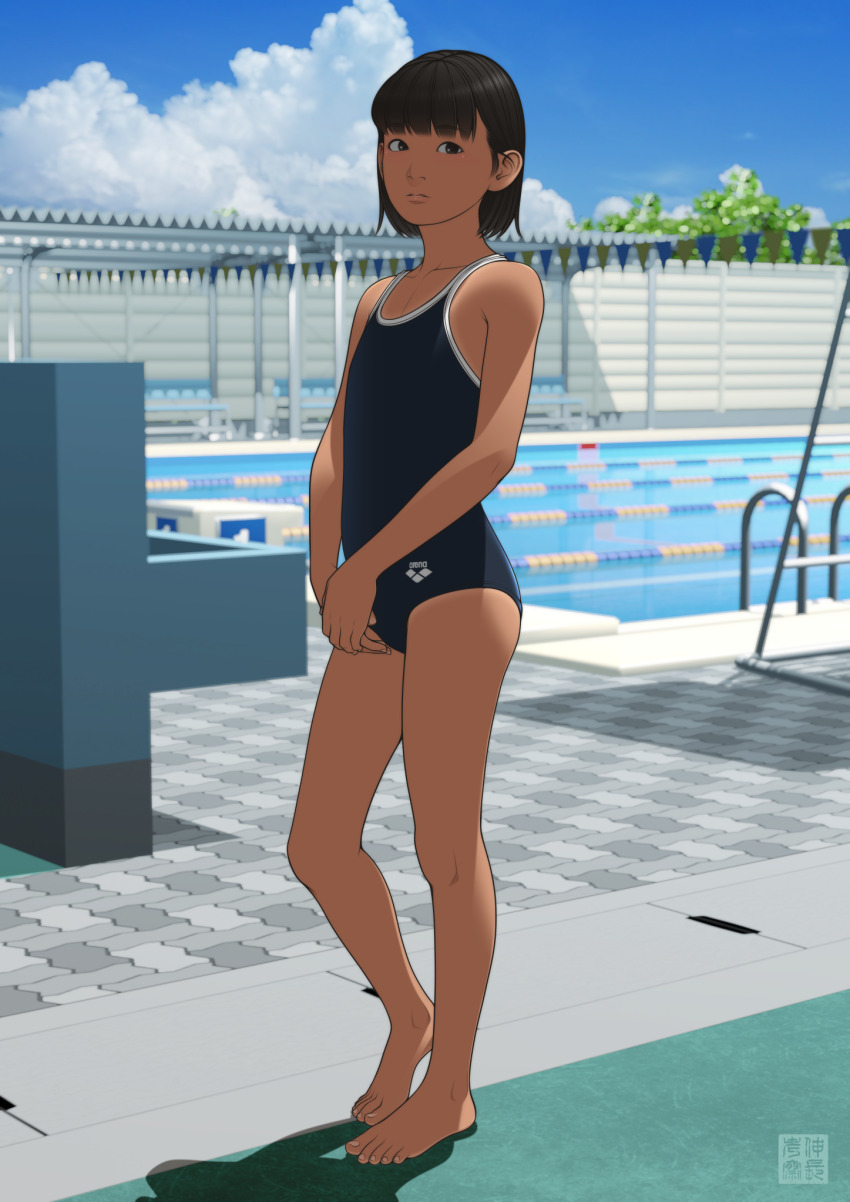 1girl, bare_shoulders, barefoot, blue_sky, blunt_bangs, blurry, brown_eyes, brown_hair