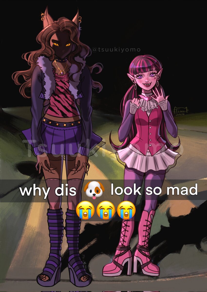 2girls, aegyo_sal, animal_ears, animal_print, arttsuu, black_hair, boots, brown_hair, choker, clawdeen_wolf, colored_skin, commentary, crying_emoji, dark-skinned_female, dark_skin, dog, dog_emoji, draculaura, emoji, english_commentary, fangs, full_body, fur-trimmed_jacket, fur_trim, glowing, glowing_eyes, high_heel_boots, high_heels, highres, jacket, jewelry, long_hair, looking_at_viewer, low_twintails, meme, midriff, monster_girl, monster_high, monster_high_(g1), multicolored_hair, multiple_girls, necklace, open_clothes, open_jacket, pink_hair, pink_skin, pink_tube_top, pink_vest, pointy_ears, purple_skirt, shaded_face, skirt, standing, strapless, streaked_hair, tube_top, twintails, vampire, very_dark_skin, vest, wavy_hair, werewolf, white_skirt, why_dis_ninja_look_so_mad_(meme), wolf_ears, wolf_girl, yellow_eyes, zebra_print