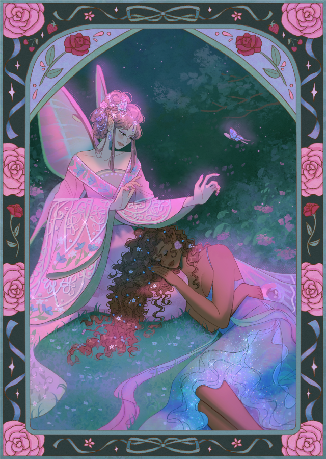 2girls, border, breasts, brown_hair, bug, butterfly, cleavage, closed_eyes