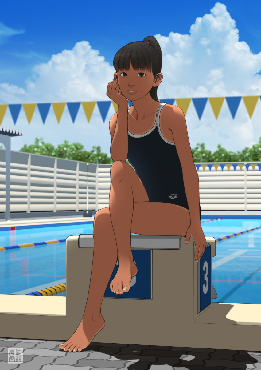 1girl, backlighting, bare_shoulders, barefoot, blue_sky, blunt_bangs, blurry, brown_eyes