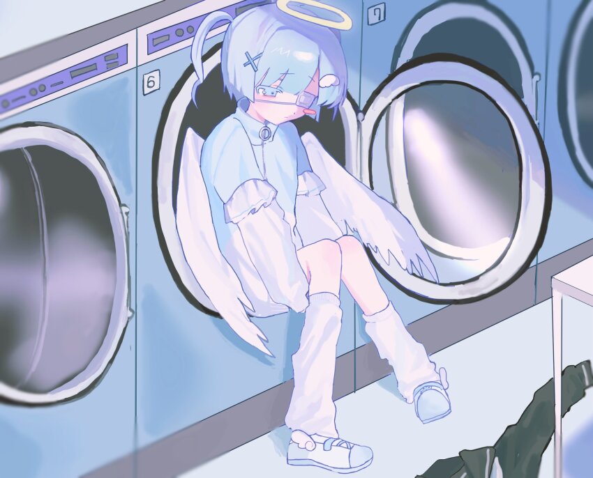 1girl, angel, angel_wings, blue_eyes, blue_hair, blue_jacket, blue_theme, eyepatch