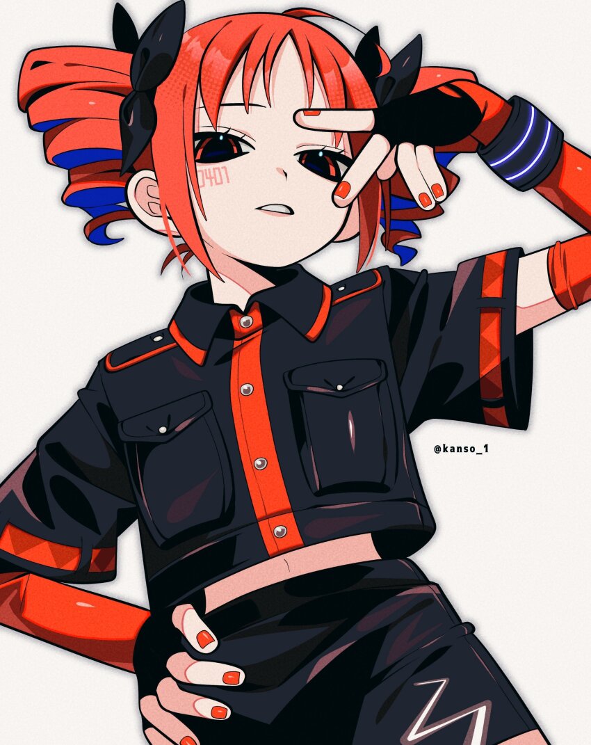 1girl, absurdres, adapted_costume, alternate_bangs, arm_up, black_bow, black_gloves, black_shirt