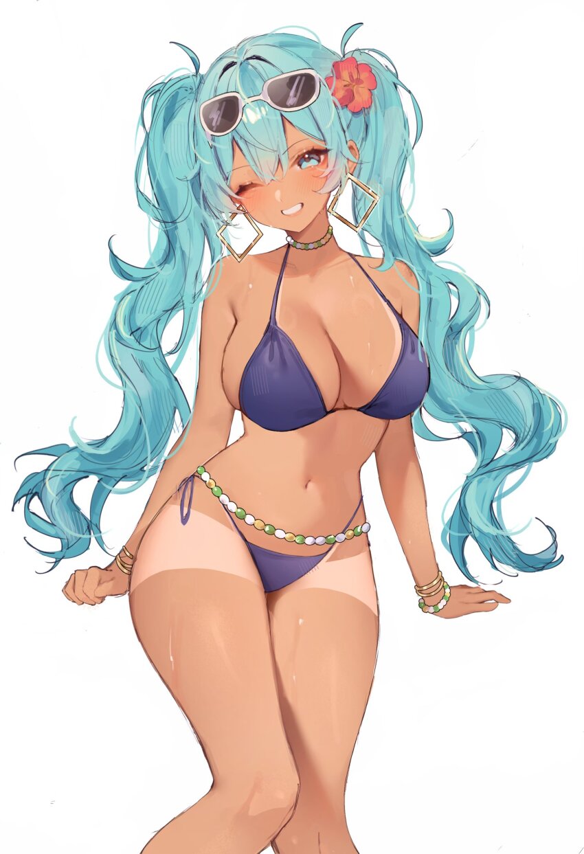 1girl, alternate_breast_size_(larger), aqua_eyes, aqua_hair, bikini, blue_bikini, blue_shorts, bracelet
