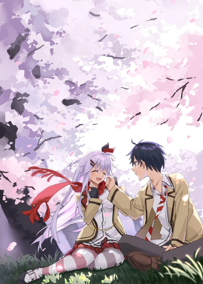 1boy, 1girl, :d, ^_^, absurdres, asymmetrical_legwear, black_footwear, black_gloves