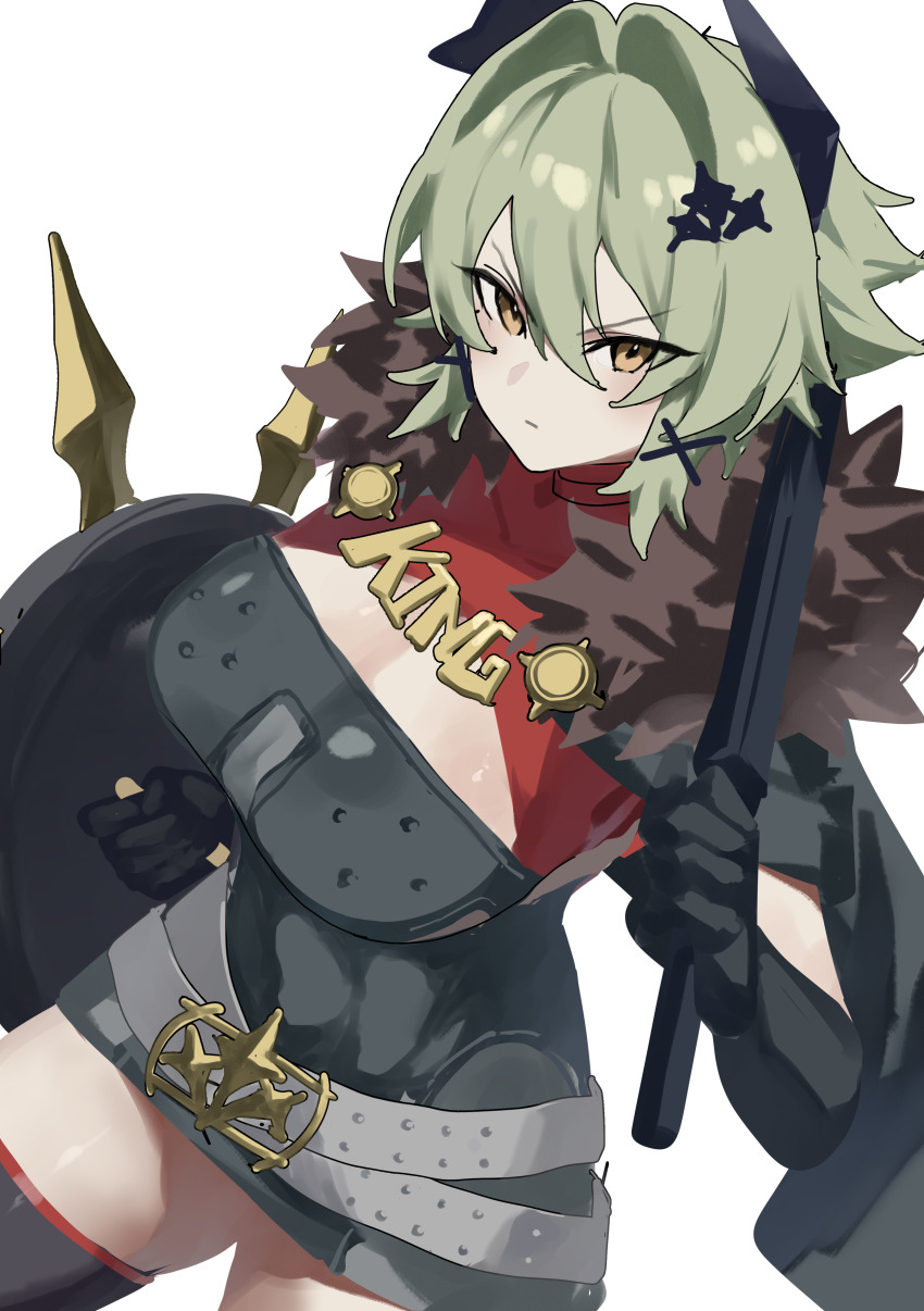 1girl, absurdres, black_jacket, black_shirt, black_skirt, black_thighhighs, breasts, caesar_king_(zenless_zone_zero)