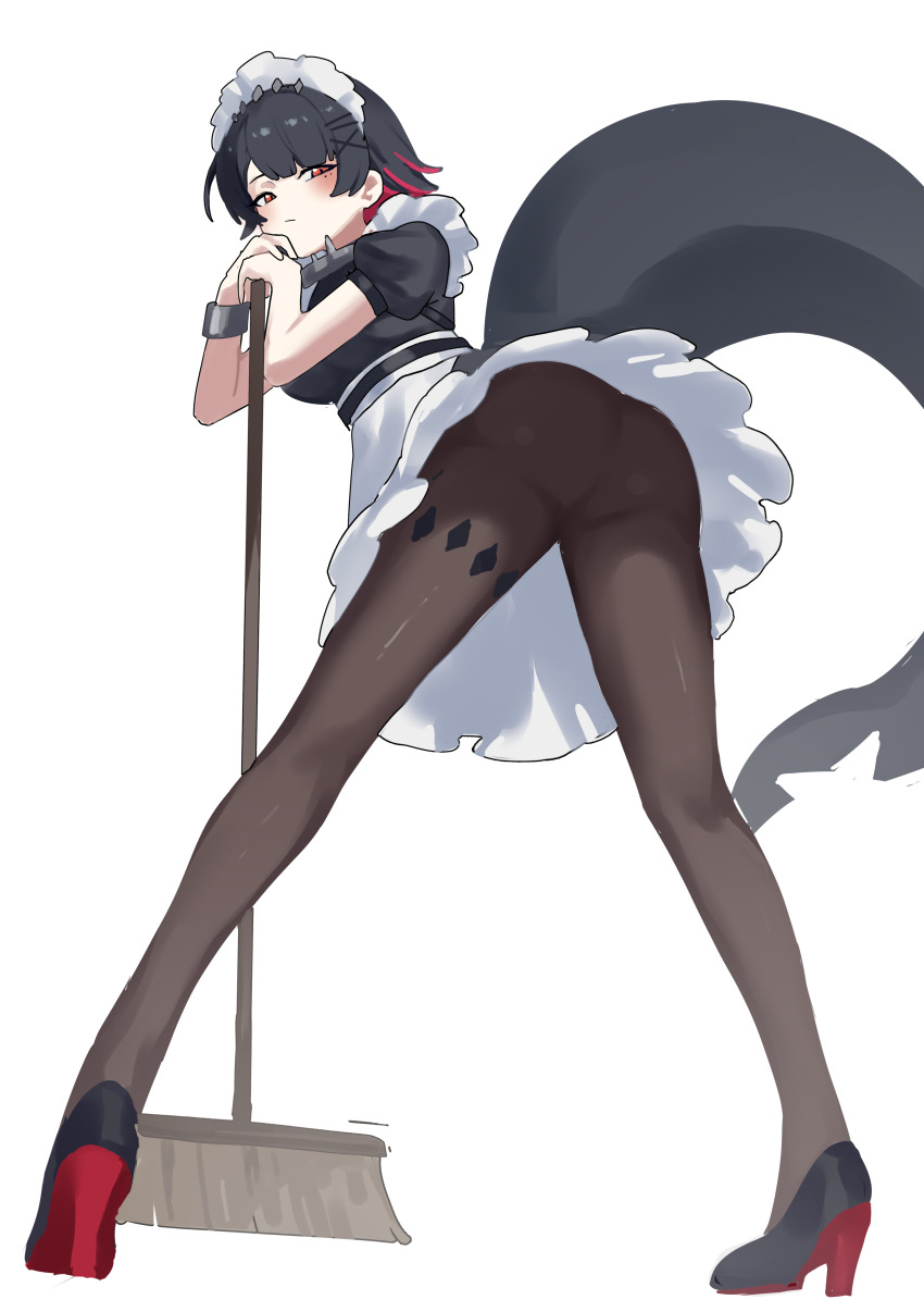 1girl, absurdres, apron, ass, black_dress, black_hair, black_pantyhose, breasts, broom, dress, ellen_joe, fins, fish_tail, from_below, high_heels, highres, holding, holding_broom, large_breasts, looking_at_viewer, maid, maid_apron, maid_headdress, multicolored_hair, pantyhose, puffy_short_sleeves, puffy_sleeves, red_eyes, red_hair, shark_tail, short_hair, short_sleeves, streaked_hair, tail, two-tone_hair, upskirt, vixsi_art, white_apron, white_background, zenless_zone_zero