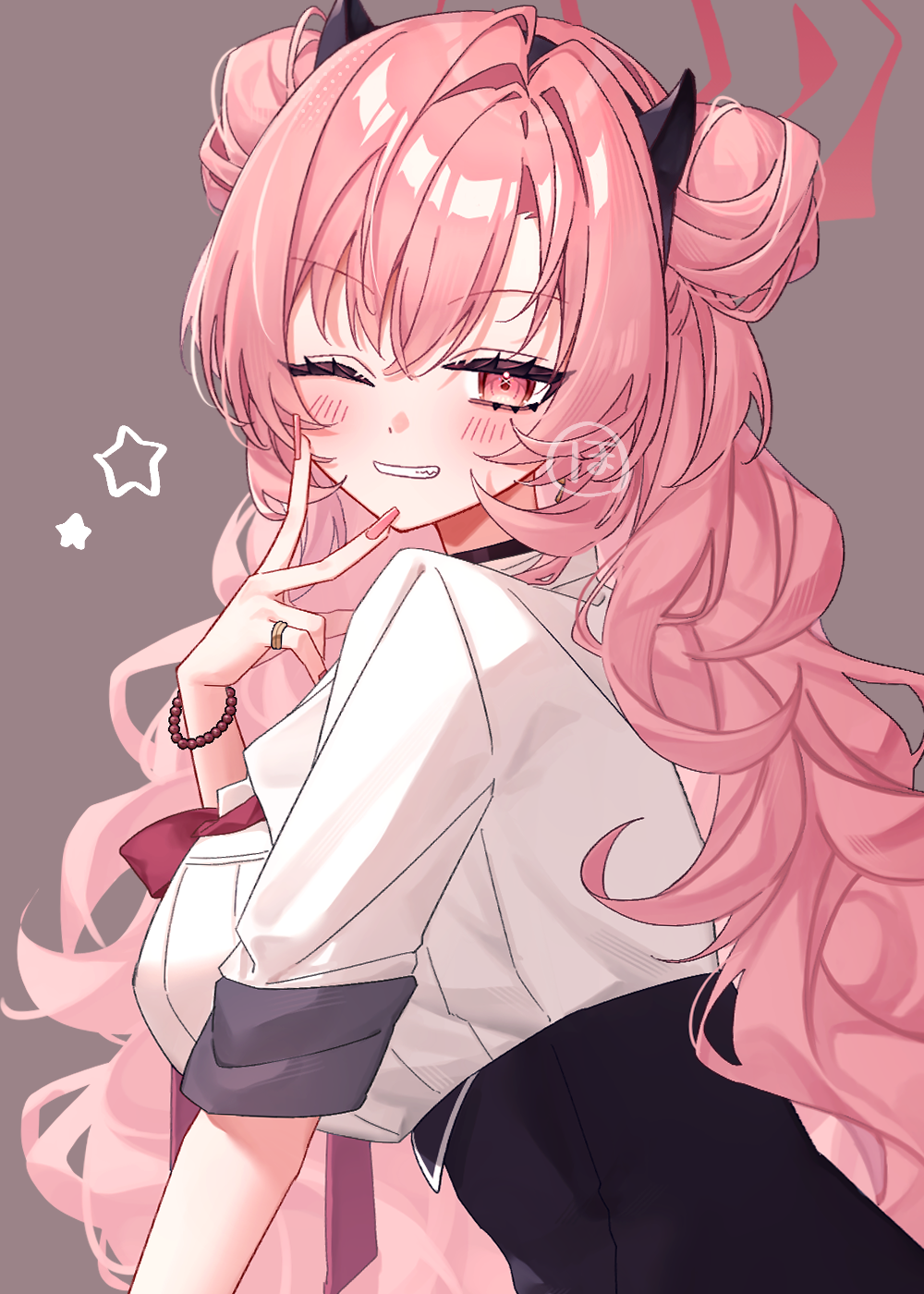 1girl, bead_bracelet, beads, black_skirt, blue_archive, blush, bracelet, breasts