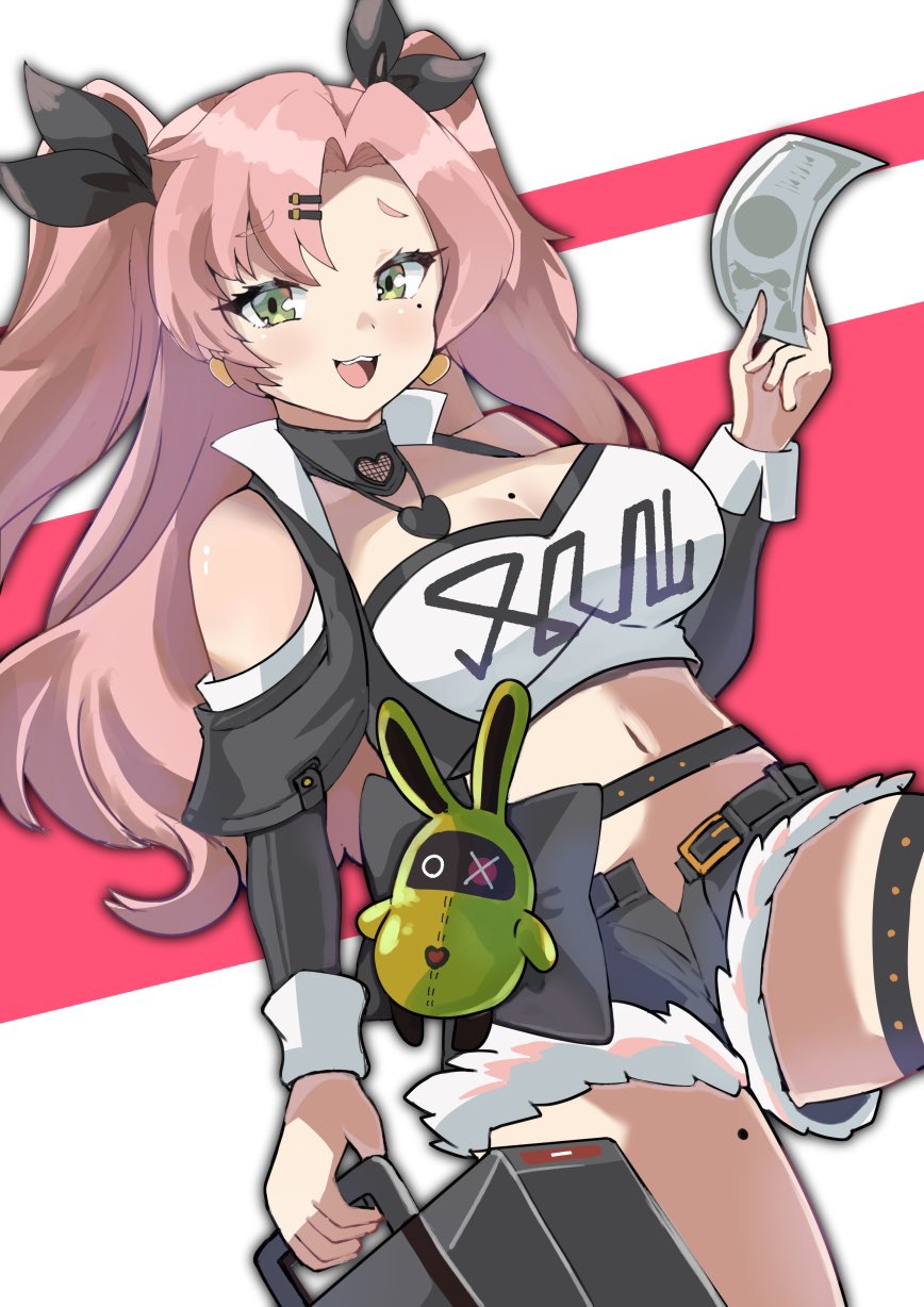 1girl, bangboo_(zenless_zone_zero), banknote, bare_shoulders, black_shorts, breasts, cleavage, cowboy_shot