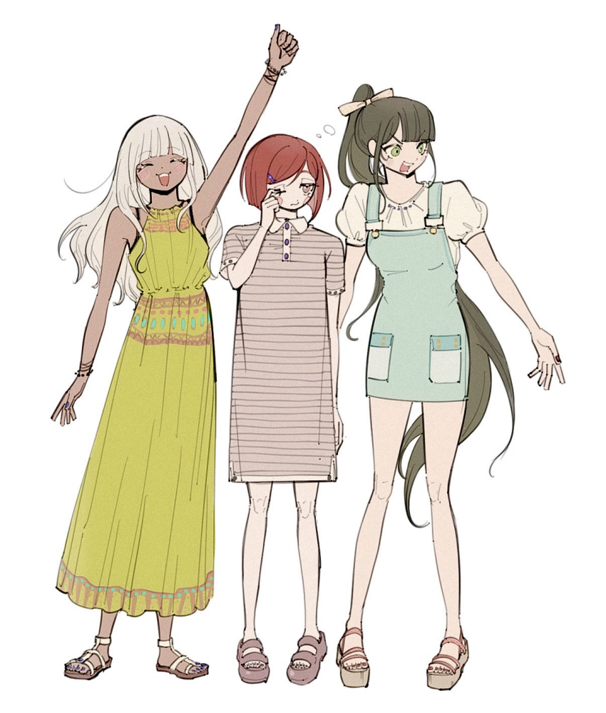 3girls, ^_^, alternate_costume, angry, aqua_overalls, arm_up, bare_arms, bare_legs