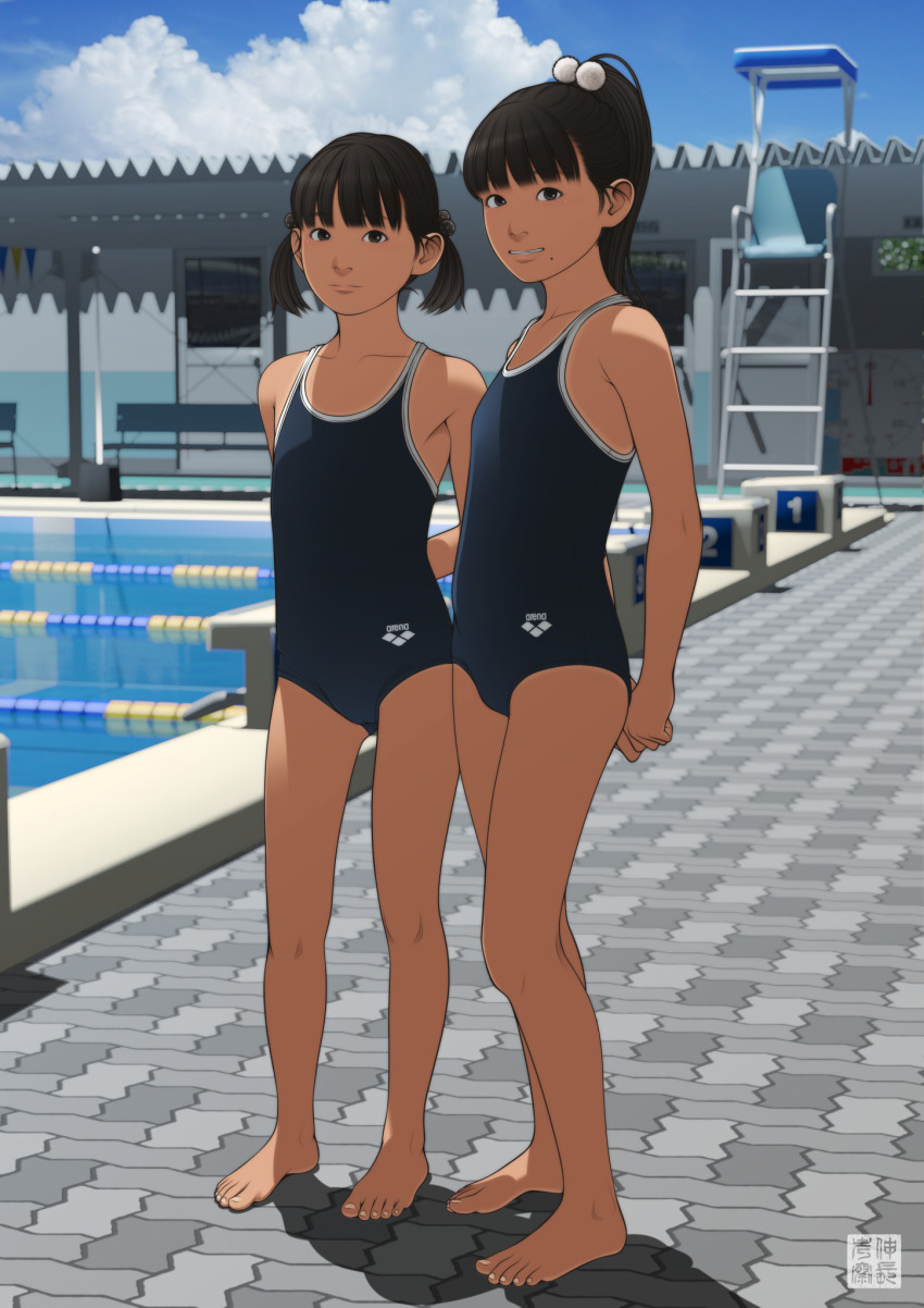 2girls, arena_(company), arms_behind_back, bare_shoulders, barefoot, black_hair, blue_sky, blunt_bangs, blurry, cloud, cloudy_sky, competition_school_swimsuit, day, depth_of_field, expressionless, full_body, grey_eyes, hair_bobbles, hair_ornament, highres, looking_at_viewer, mole, mole_on_cheek, multiple_girls, one-piece_swimsuit, original, outdoors, ponytail, pool, poolside, school_swimsuit, seal_script, shinchou_ni_kansuru_kousatsu, sky, smile, swimsuit, tan, tanline, twintails